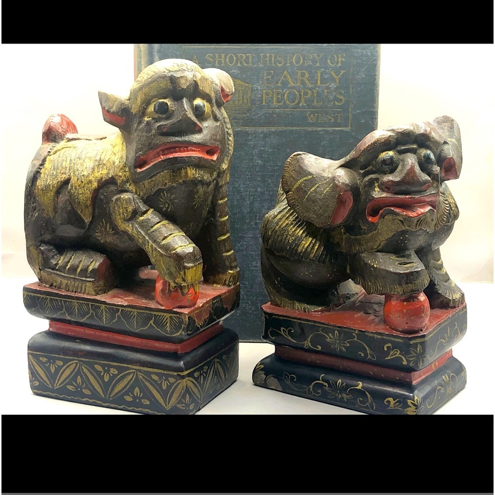 Vintage Pair of Chinese Carved Wooden Pair of Foo Dogs, Temple Guardians.